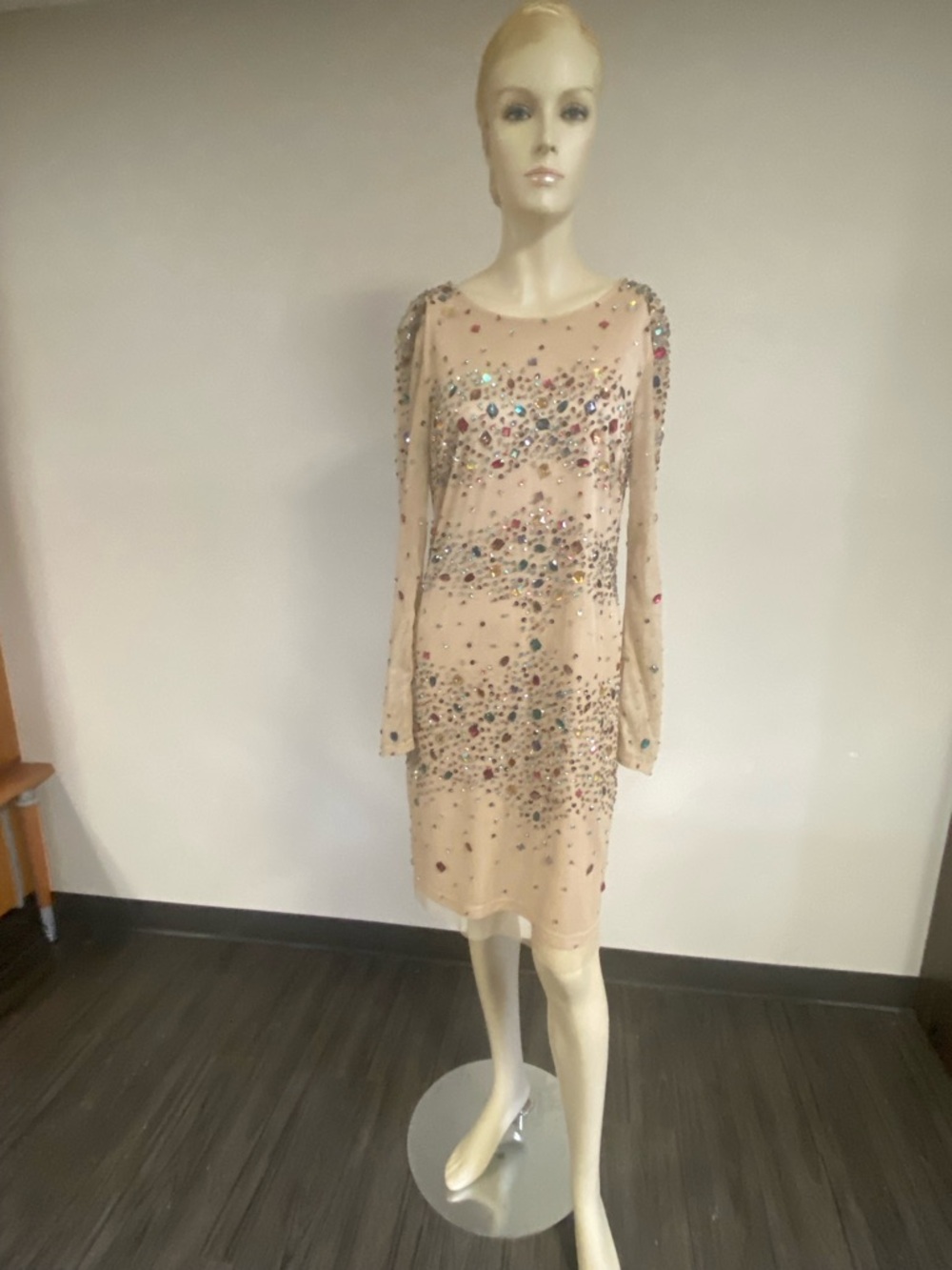 Adrianna Papell Nude Pink Long-Sleeve Beaded Dress